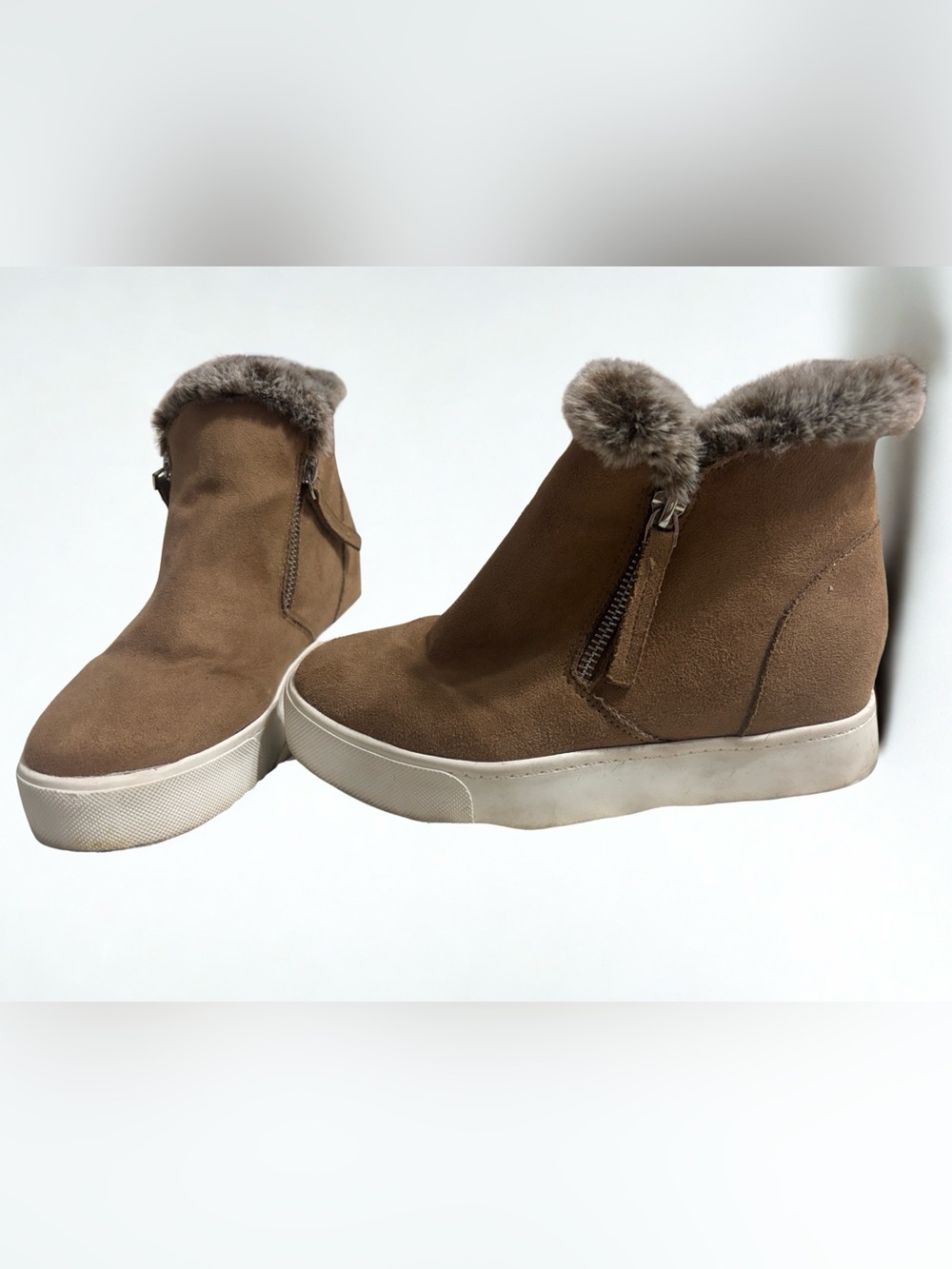 Soda Brown Faux Suede Fur-Trim Wedge Ankle Booties
